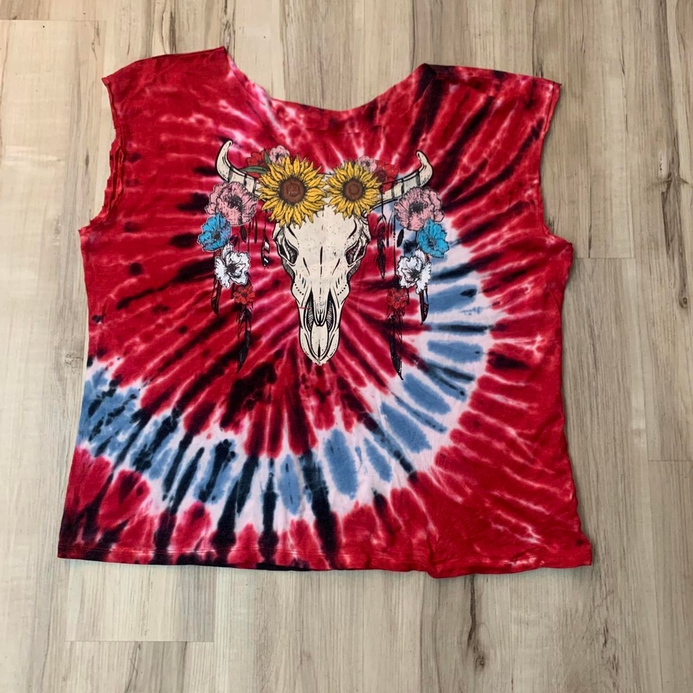 No Boundaries Red Blue Tie Dye Cow Skull Sunflower Tank Top XXXL